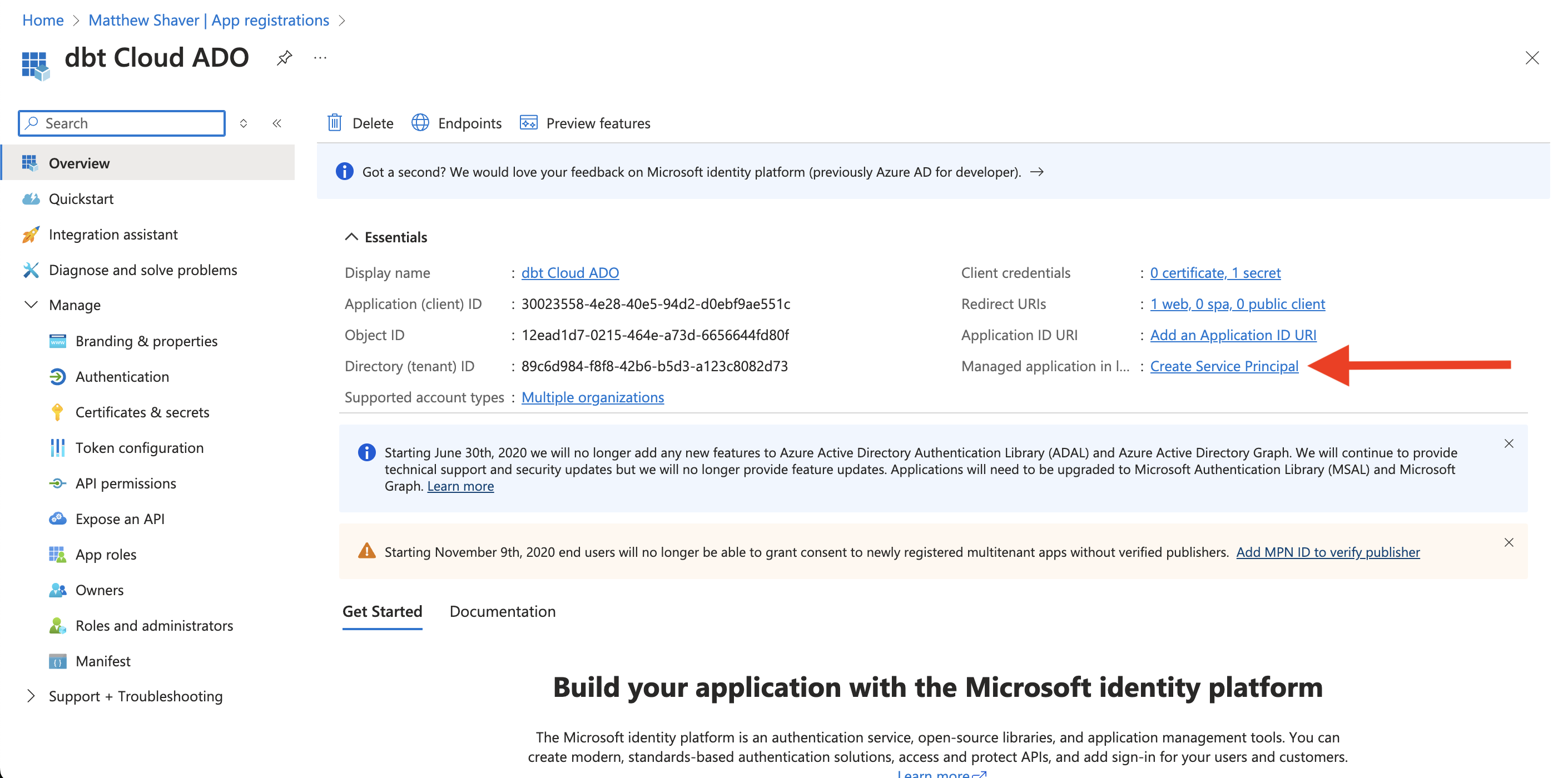 Example of the 'Create Service Principal' option highlighted .